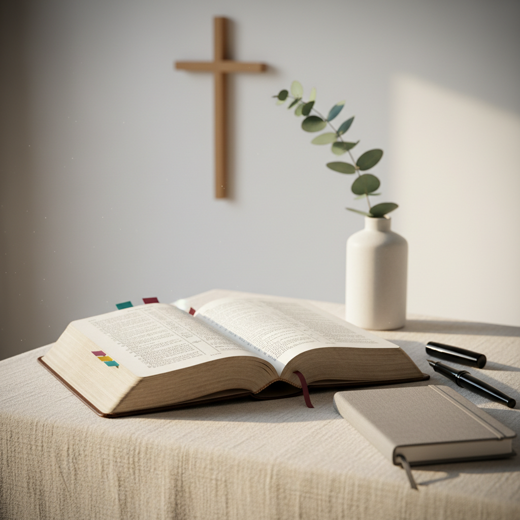 An open, finely textured Danish Bible rests on a natural linen cloth-covered table, its thin, slightly curled pages marked with a few discrete colored tabs. Beside it lies a sleek, black fountain pen and a small, understated notebook with a soft grey cover. In the blurred background, a minimalist wooden cross hangs on a white wall above a simple ceramic vase with a single eucalyptus branch. Late-afternoon golden light streams in from the left, illuminating the text and creating subtle highlights along the page edges. Photographic realism with a gentle vignette and shallow depth of field conveys a thoughtful, reverent, and intellectually engaged approach to faith and Scripture.