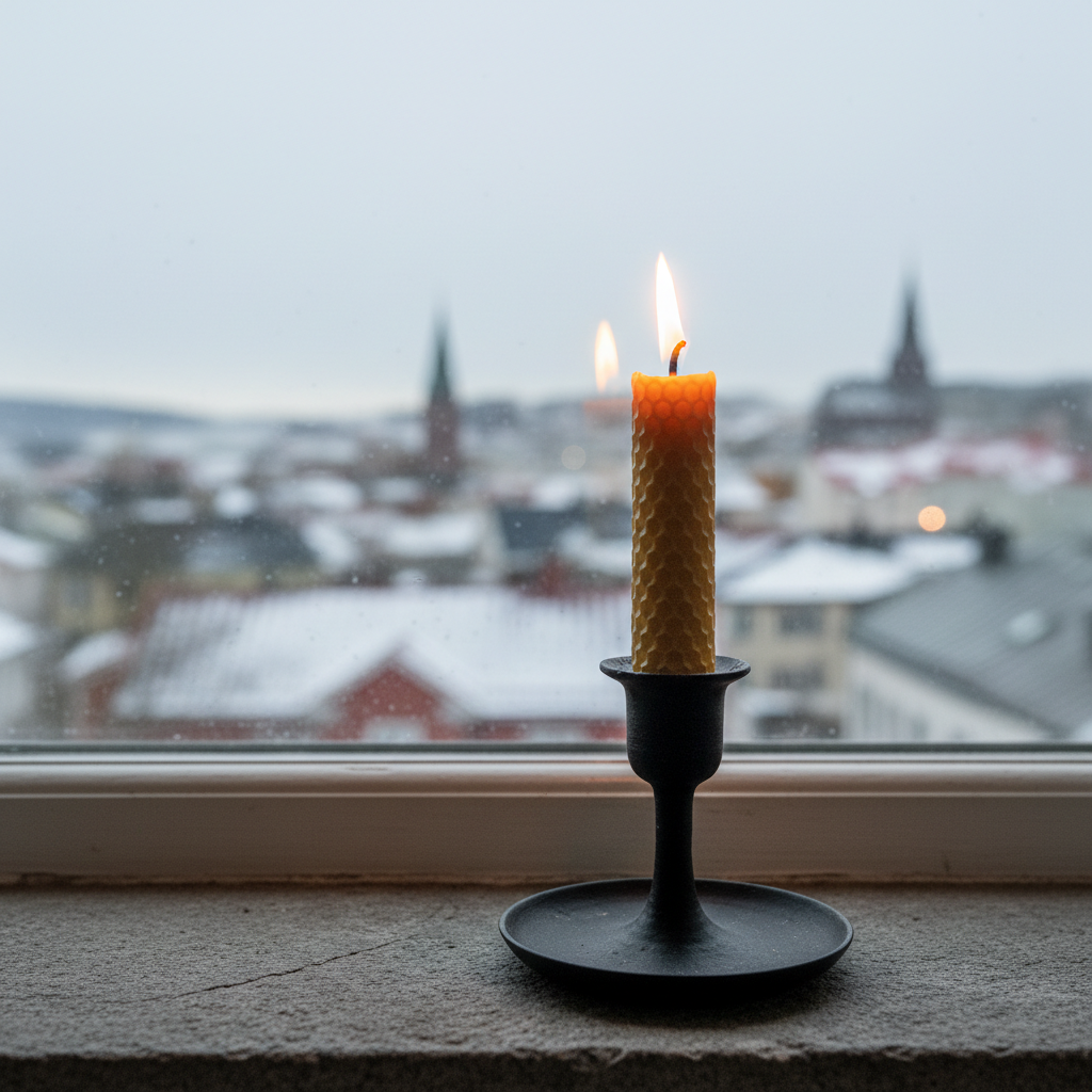 A single lit beeswax candle with a smooth, honey-colored surface stands on a matte black metal candlestick atop a muted grey stone windowsill. Outside the slightly frosted glass, an out-of-focus Nordic townscape hints at rooftops and church spires under a pale, overcast sky. Soft, diffused afternoon light mingles with the candle’s warm flame, casting delicate, dancing reflections on the windowpane and gentle shadows on the stone. Photographic realism, composed using the rule of thirds from a slightly angled side view, creates a sophisticated yet simple atmosphere of hope, quiet devotion, and contemplative waiting in everyday life.