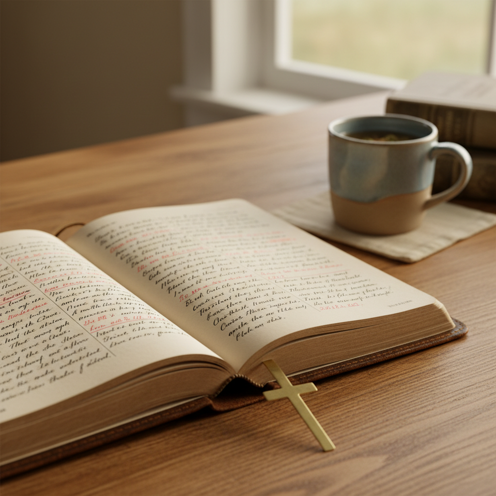 A well-worn leather-bound journal lying open on a simple oak table, its cream-colored pages filled with neat handwritten reflections and faint underlined Bible verses. A thin brass cross bookmark rests along the spine, catching soft morning light. In the background, a ceramic cup of herbal tea sits on a linen coaster near a small stack of classic theological books, all gently blurred. Natural light from an unseen window washes the scene in a warm, contemplative glow, creating subtle shadows in the page creases. Photographic realism, shot at eye level with a shallow depth of field, evokes a serene, introspective mood that suggests quiet time for prayer, meditation, and everyday faith reflections.